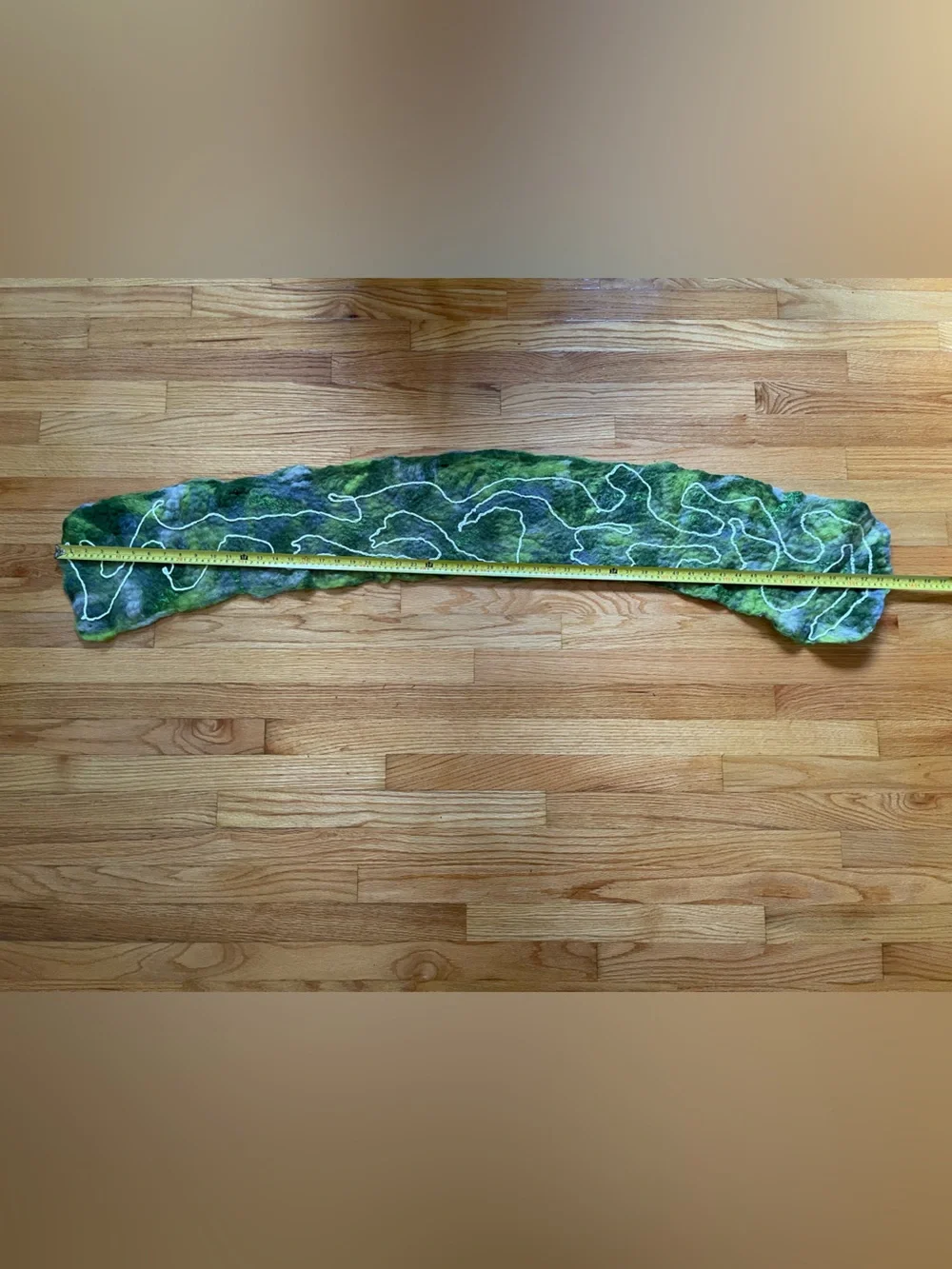 Olive Green and Gray Felted Merino Wool Scarf with White Embellished Yarns